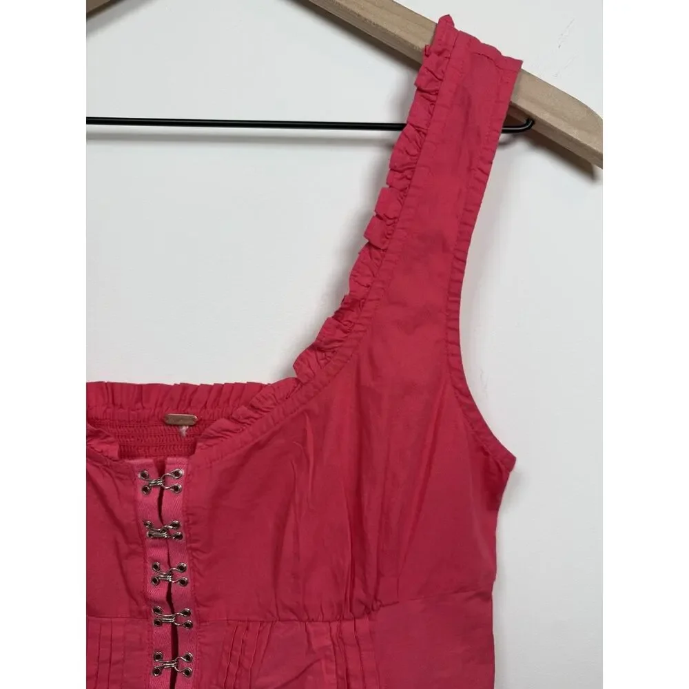Free People Amelia Pink Corset Top Blouse Large Boho Beach Lagenlook Summer Crop